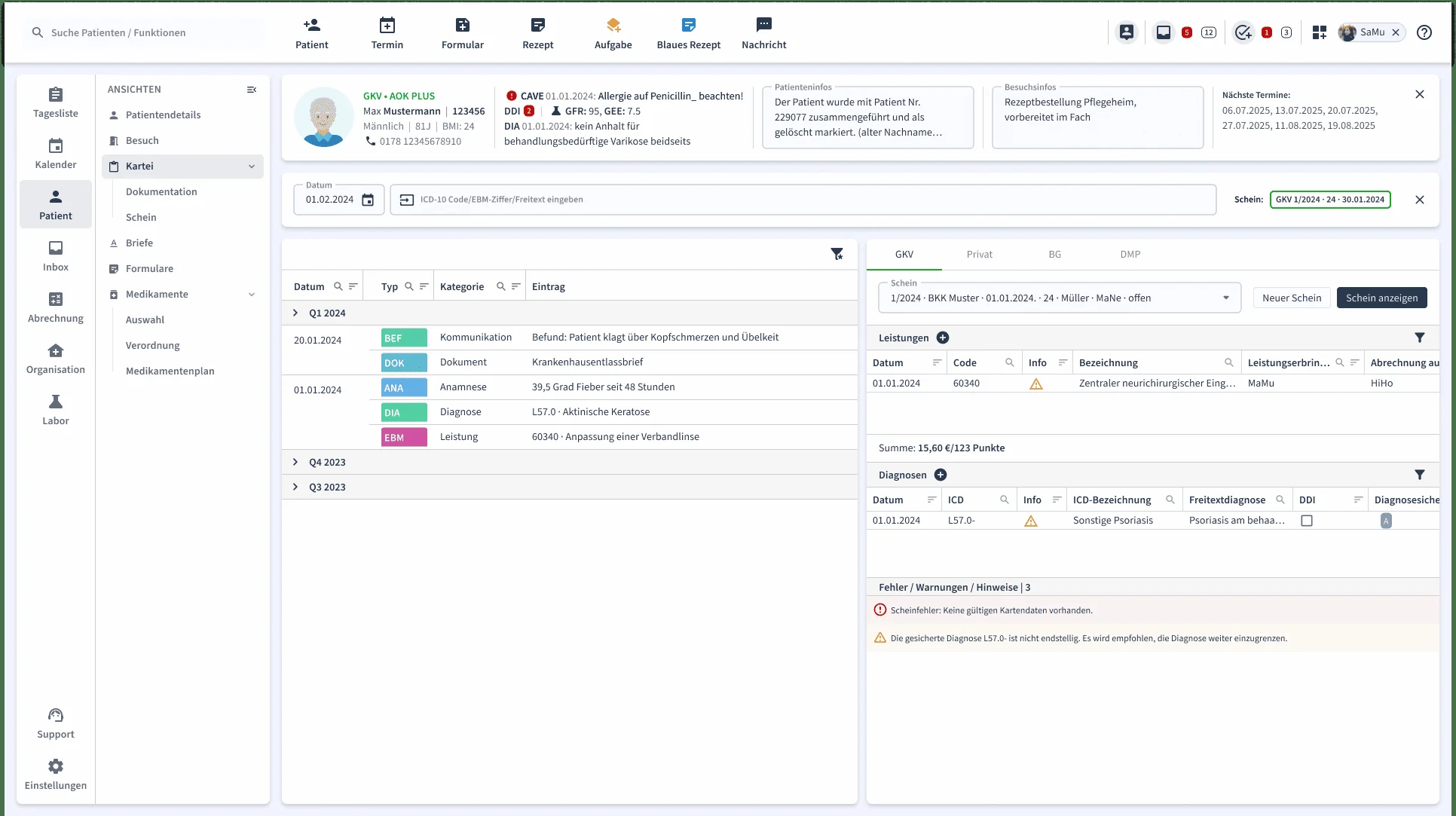 zollsoft tomedo.air: die Kartei mit Leistungen und Diagnosen